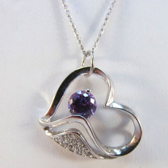 Sterling Silver Amethyst and Rhinestone Heart Pendant Necklace - Picture 12 of 12